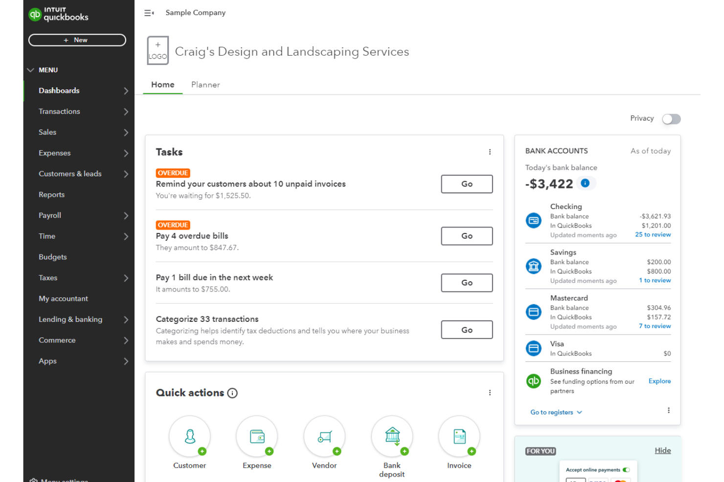 QuickBooks screenshot - 13 Mejores Herramientas de Análisis Financiero para Pequeñas Empresas (2026)