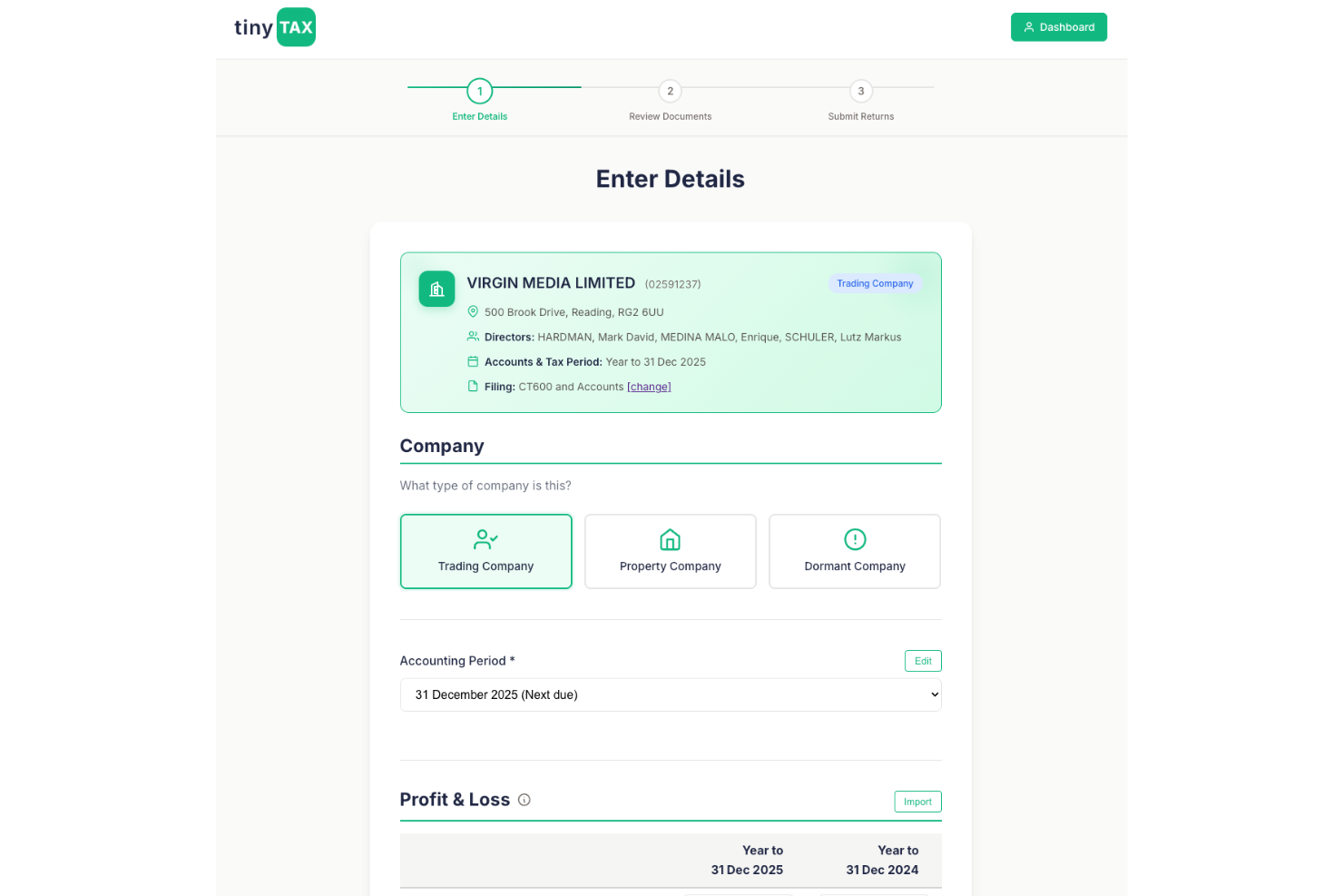 TinyTax screenshot - I 10 migliori software fiscali per il Regno Unito nel 2026
