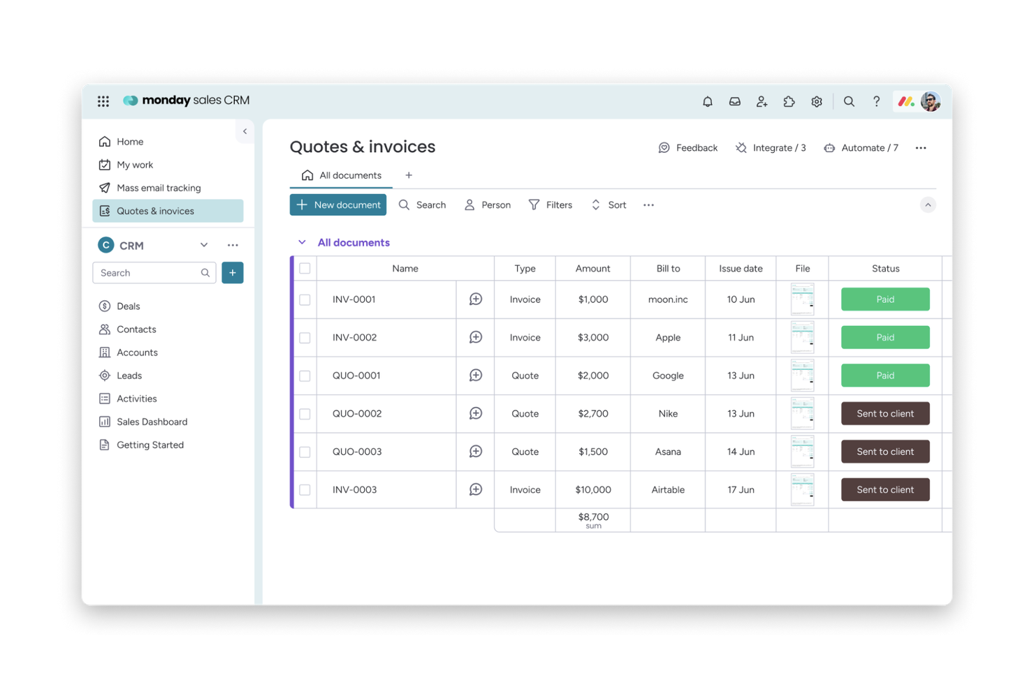 monday CRM screenshot - 18 Migliori Software di Fatturazione Automatica per il 2026