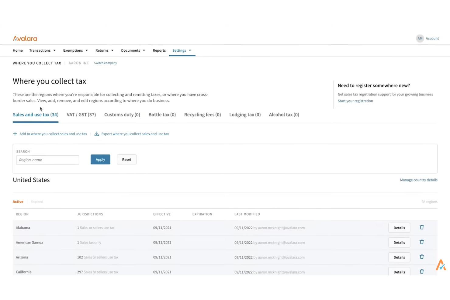 Avalara screenshot - I 10 migliori software per la conformità dell’imposta sulle vendite recensiti nel 2026