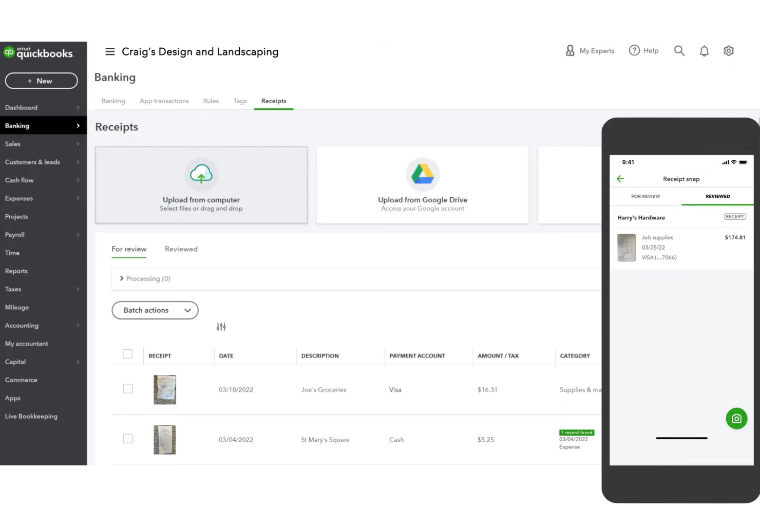 QuickBooks screenshot - 10 aplicaciones para escanear recibos en 2026