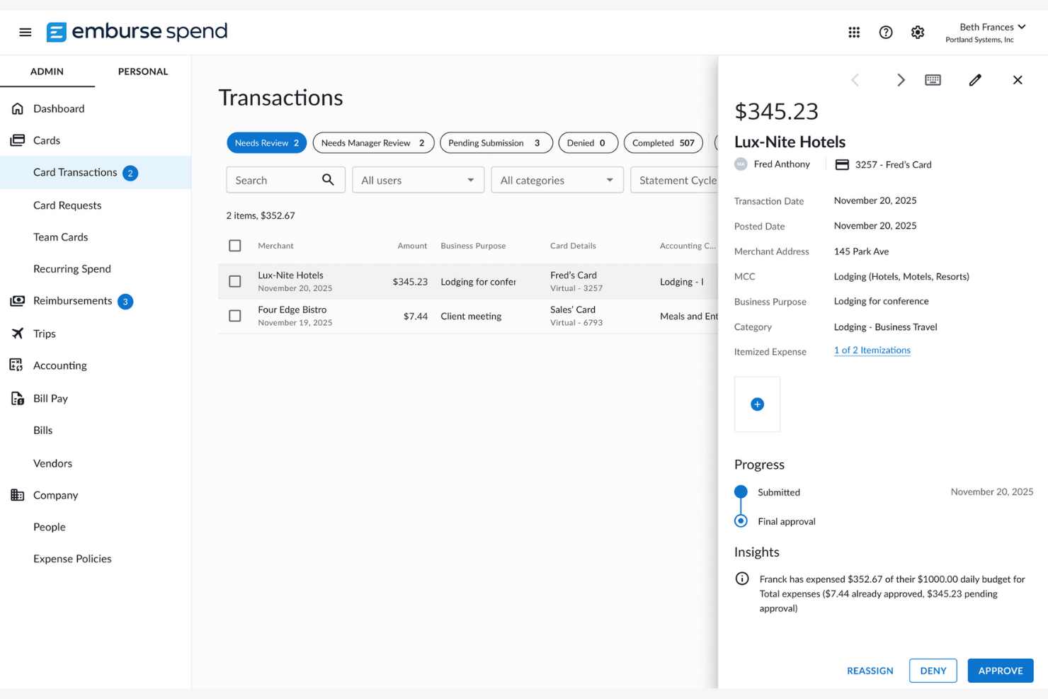 Emburse Spend screenshot - Las 10 mejores alternativas a Expensify revisadas en 2026