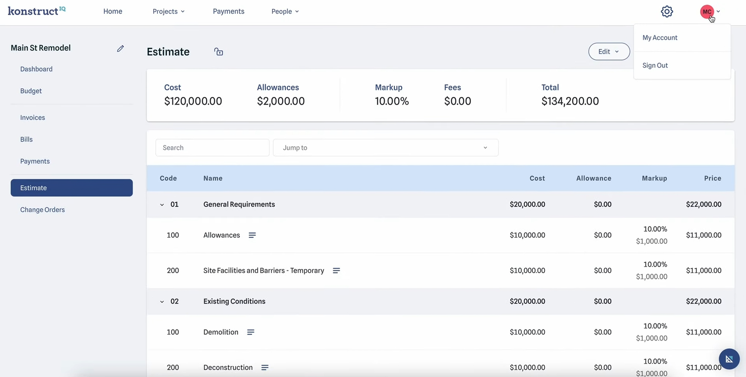 KonstructIQ screenshot - Le 10 Migliori Soluzioni Software per la Gestione del Budget Edile nel 2026