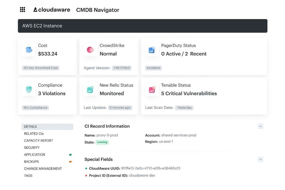 Cloudaware screenshot - Los 10 mejores programas de gestión de costes en la nube analizados en 2026