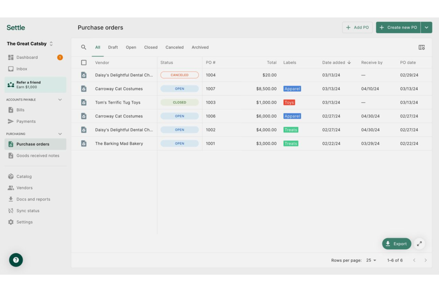 Settle screenshot - Le 10 migliori soluzioni gratuite per creare ordini d’acquisto nel 2026