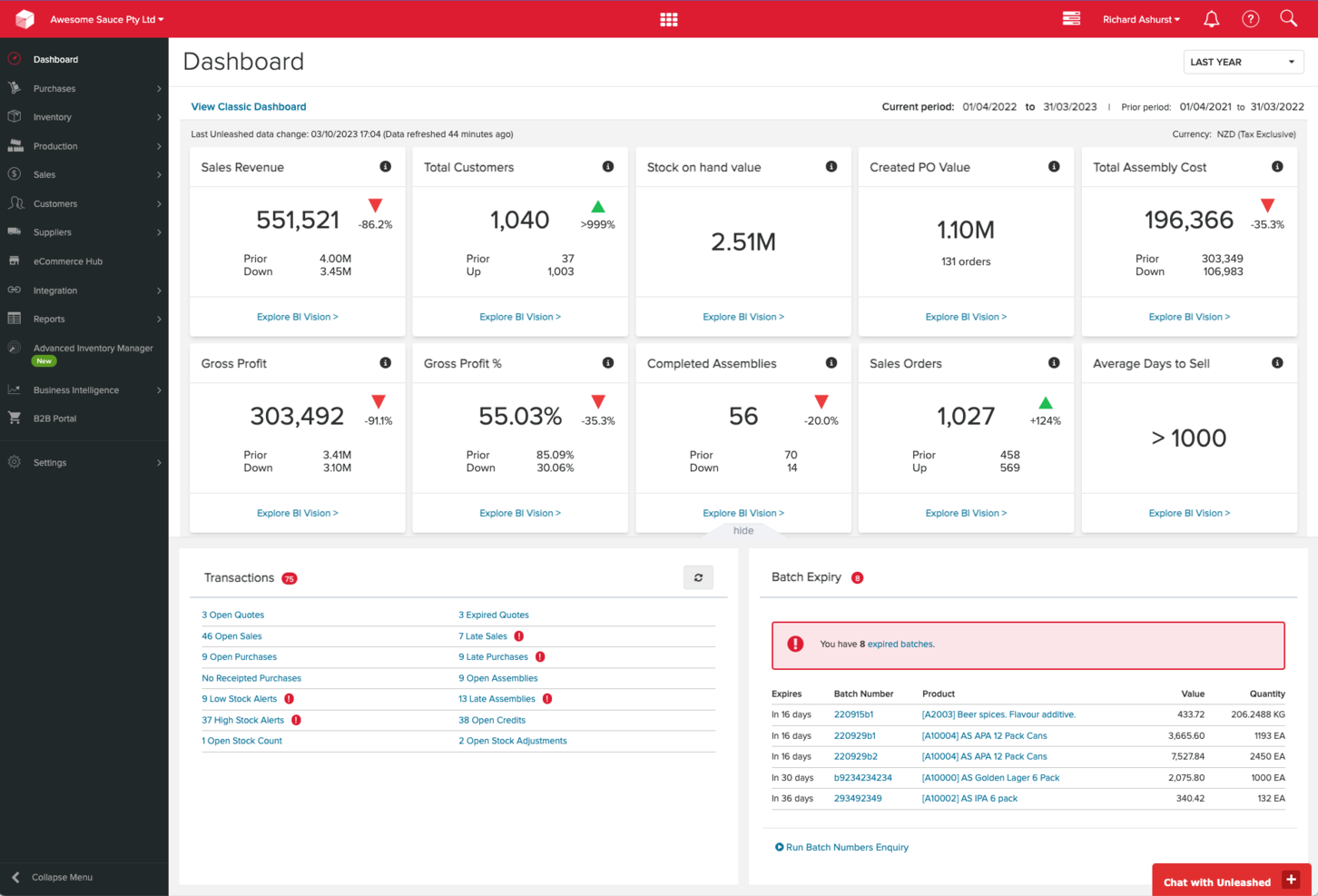 Unleashed Software screenshot - Le 10 migliori soluzioni di software contabile per la gestione dell’inventario nel 2026