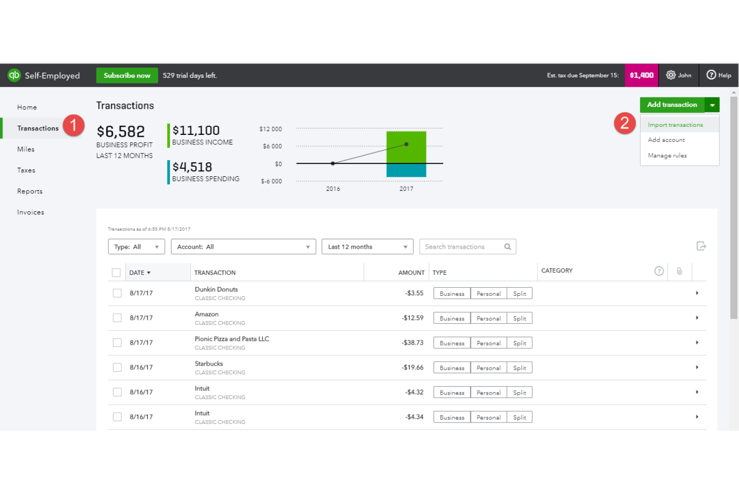 QuickBooks Self-Employed screenshot - I 10 migliori software di contabilità per freelance nel 2026
