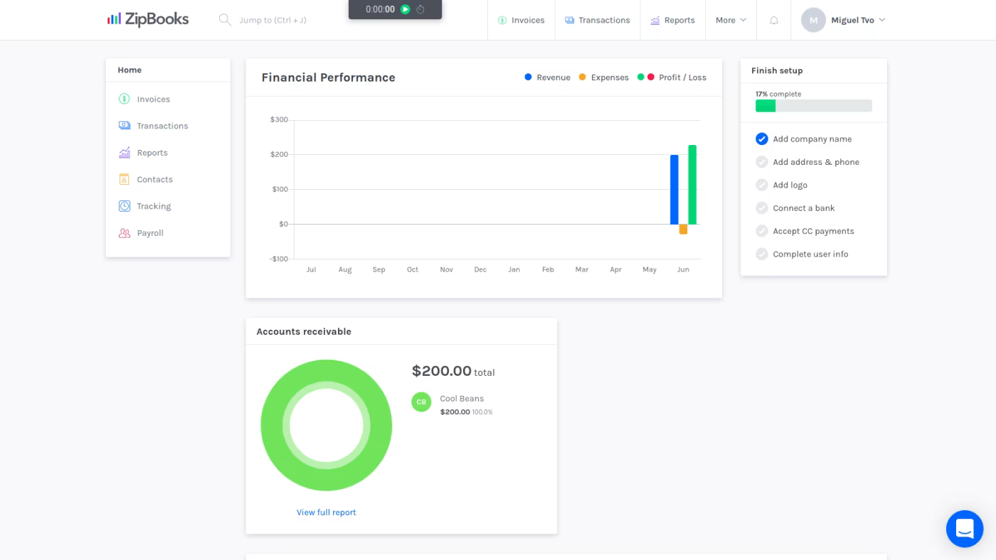 ZipBooks screenshot - 10 mejores programas de contabilidad para autónomos en 2026