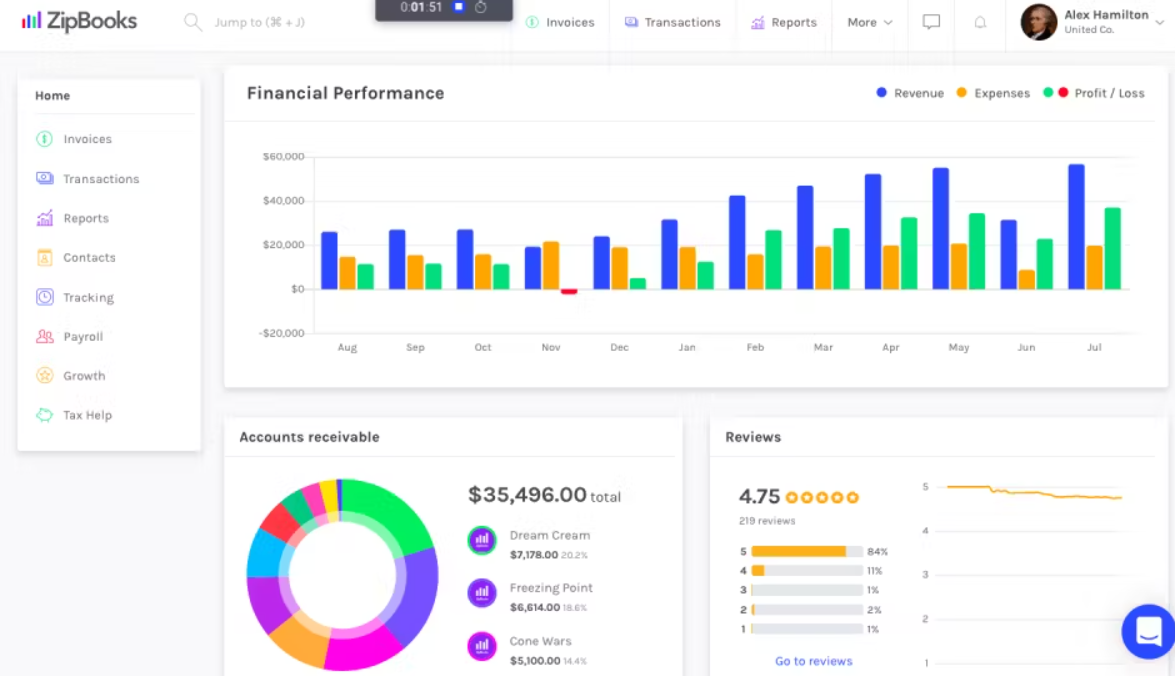 ZipBooks screenshot - I 10 migliori software di contabilità per consulenti nel 2026