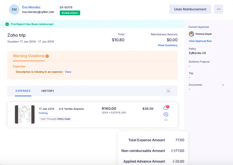 Zoho Expense screenshot - Las 10 Mejores Herramientas para Informes de Gastos Analizadas en 2026