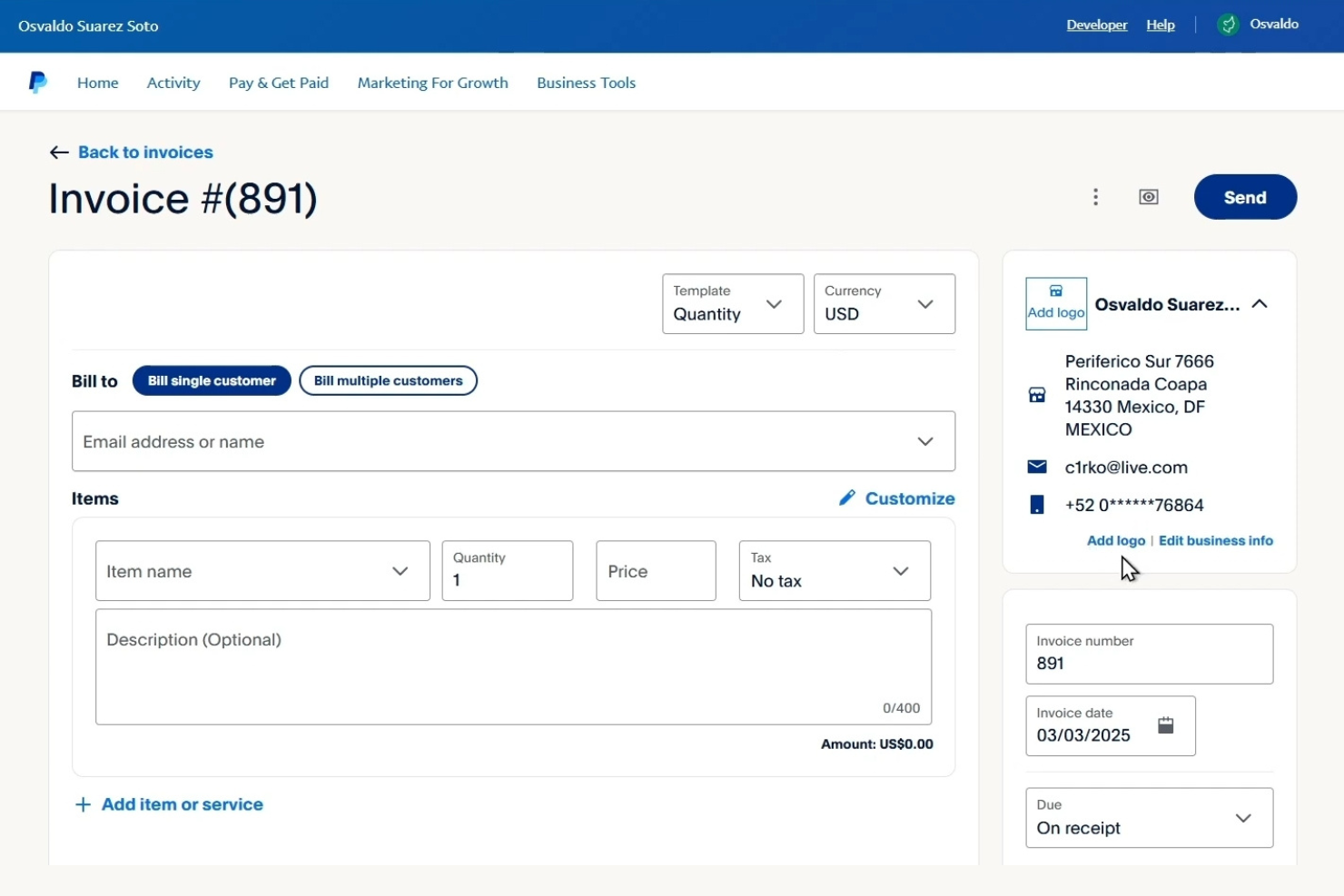 PayPal screenshot - Los 10 mejores programas de facturación y emisión de facturas analizados en 2026