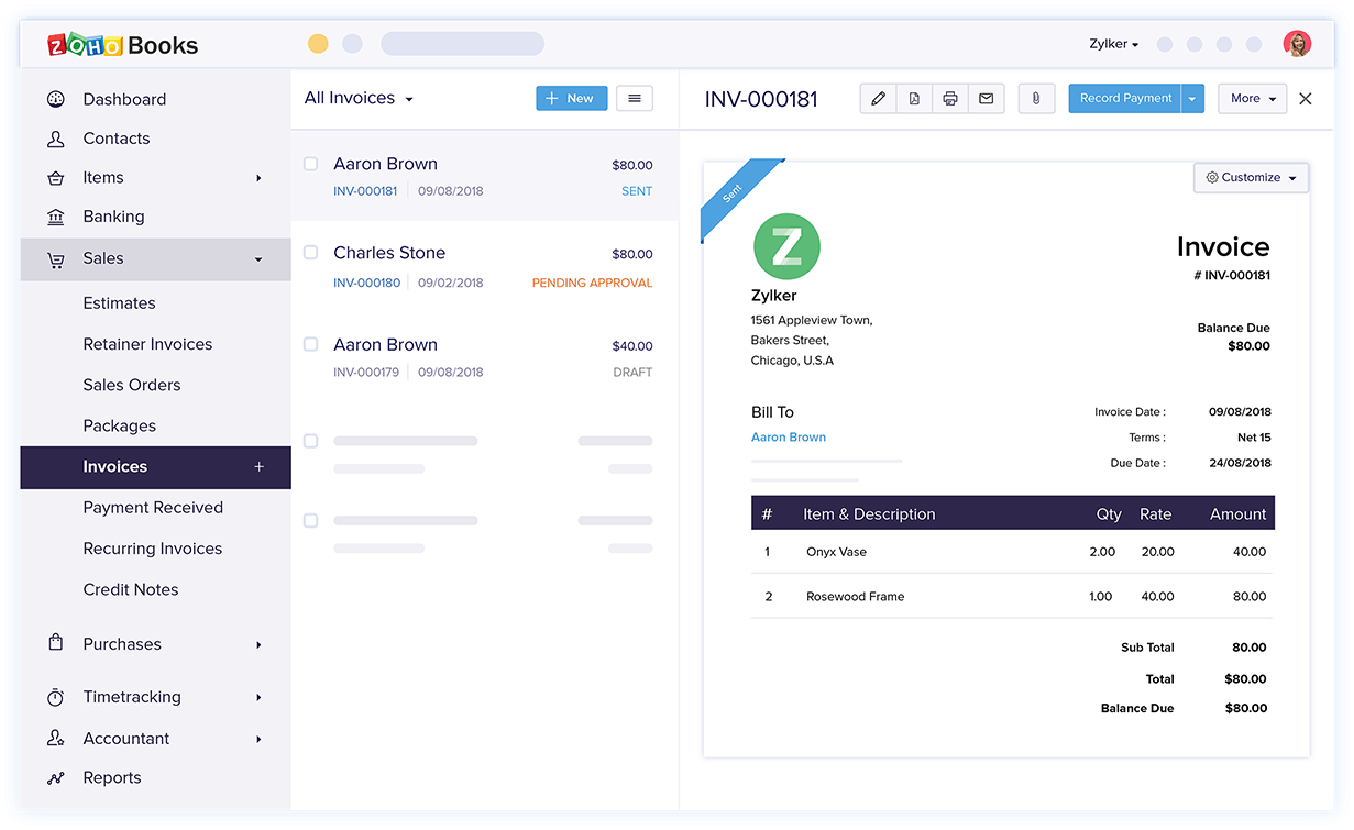 Zoho Books screenshot - Le 10 migliori soluzioni di software di contabilità gratuiti recensite per il 2026