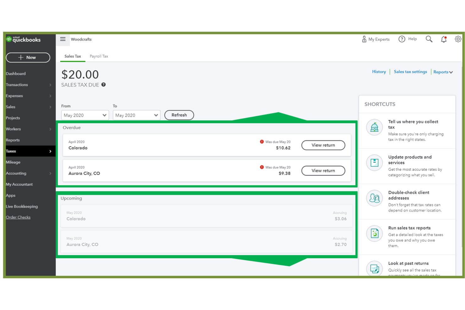 QuickBooks Sales Tax screenshot - 10 Mejores Programas de Impuestos sobre Ventas para Pequeñas Empresas Revisados en 2026