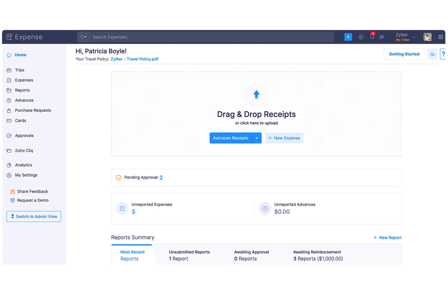 Zoho Expense screenshot - Le 10 migliori soluzioni di gestione dei costi recensite nel 2026