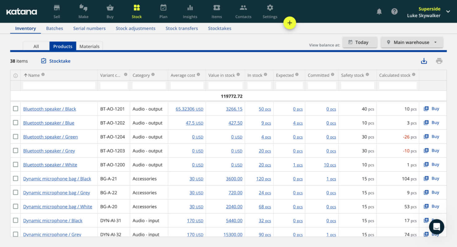 Katana screenshot - Las 10 Mejores Soluciones de Software Contable para Manufactura en 2026