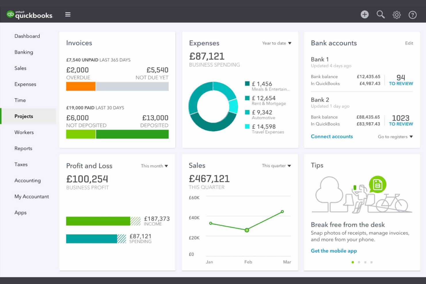 QuickBooks screenshot - 10 Beste Geautomatiseerde Financiële Rapportagesoftware in 2026