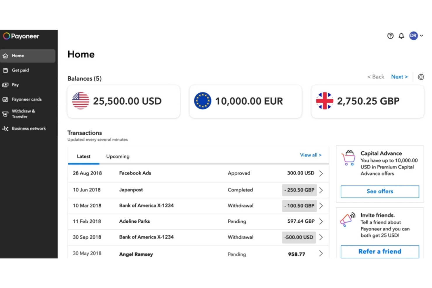 Payoneer screenshot - 10 beste alternatieven voor Airwallex voor zakelijke betalingen in 2026