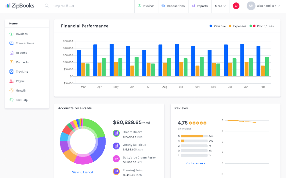 ZipBooks screenshot - 10 beste alternatieven voor Wave Boekhouding beoordeeld in 2026