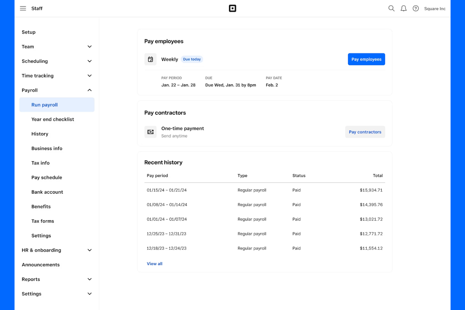 Square Payroll screenshot - 10 bästa ADP-alternativen för 2026