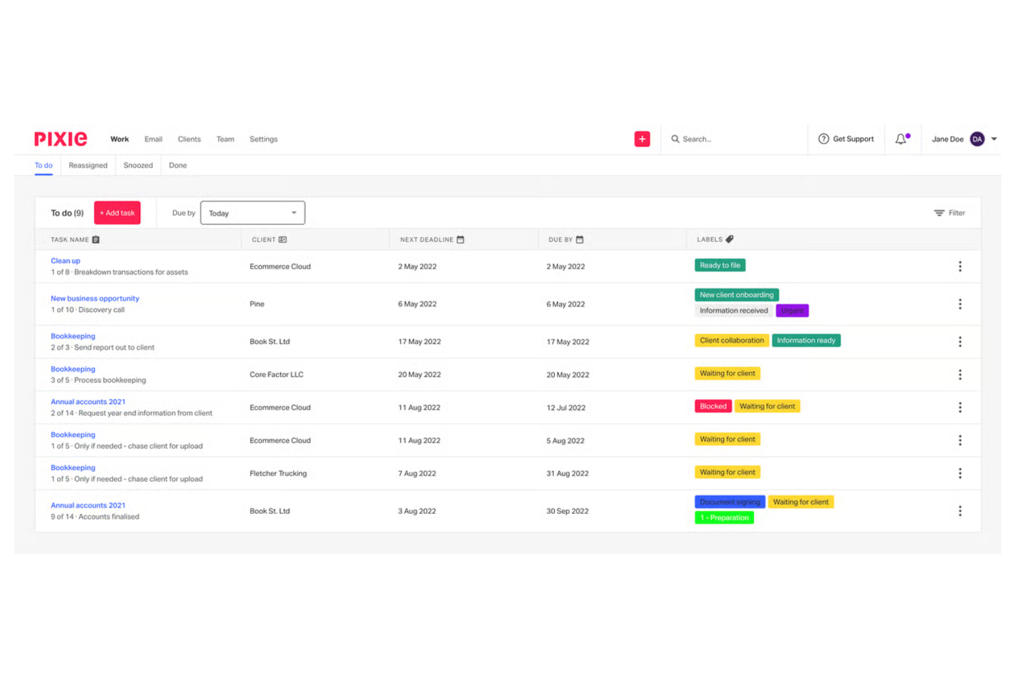 Pixie screenshot - 17 alternative a TaxDome selezionate per il 2026 per studi di commercialisti