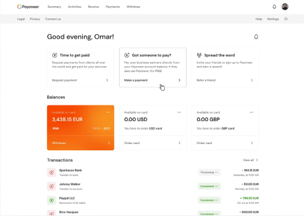 Payoneer screenshot - 10 meilleures alternatives à Deel évaluées en 2026