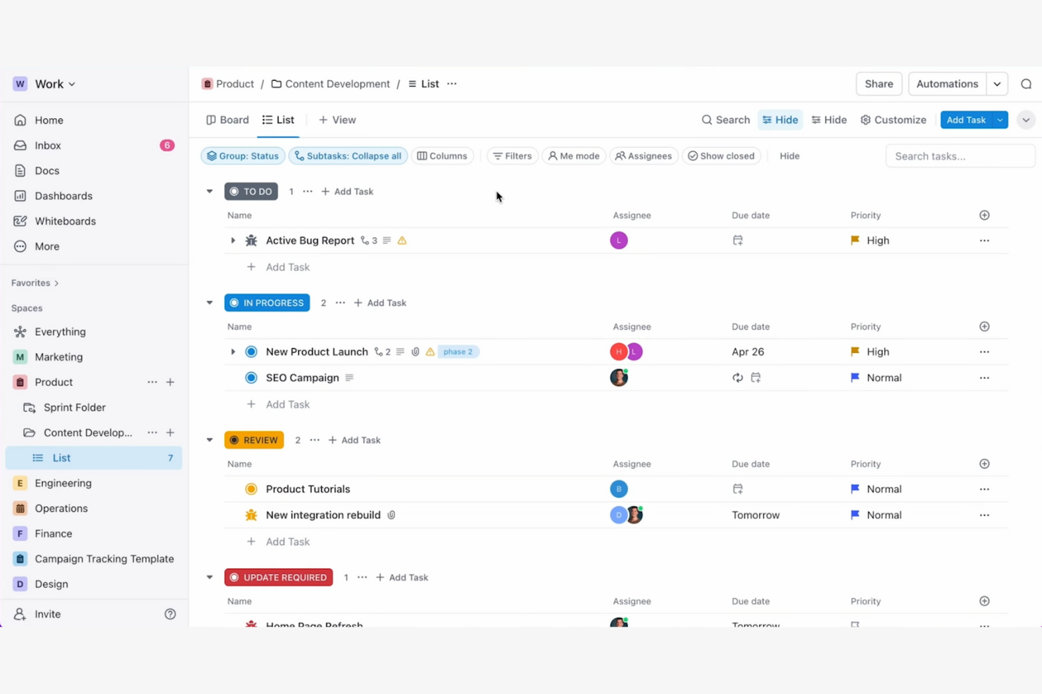 ClickUp screenshot - 13 meilleures alternatives à HoneyBook évaluées en 2026