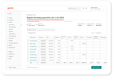 Gusto handles payroll, benefits, and HR tasks in one easy platform.
