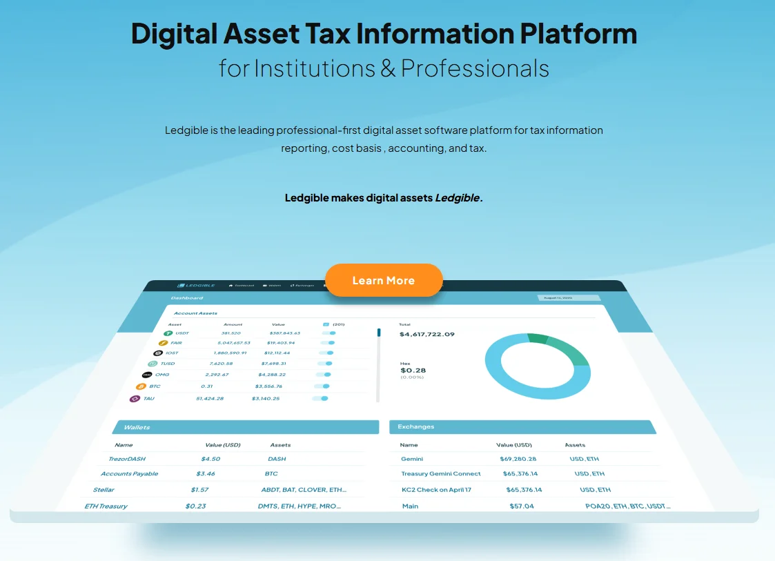 Ledgible tracks crypto cost basis and exports tax forms like 8949/1099.
