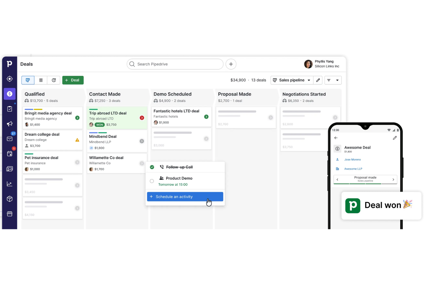 Pipedrive organizes deals, tracks clients, and syncs sales with accounting.