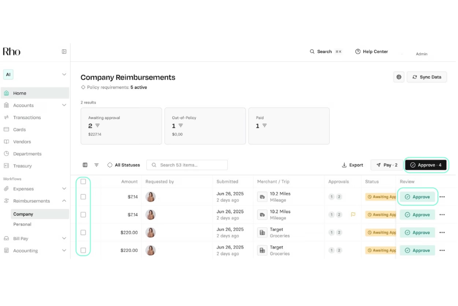 Rho tracks, controls, and automates business expenses in one platform.