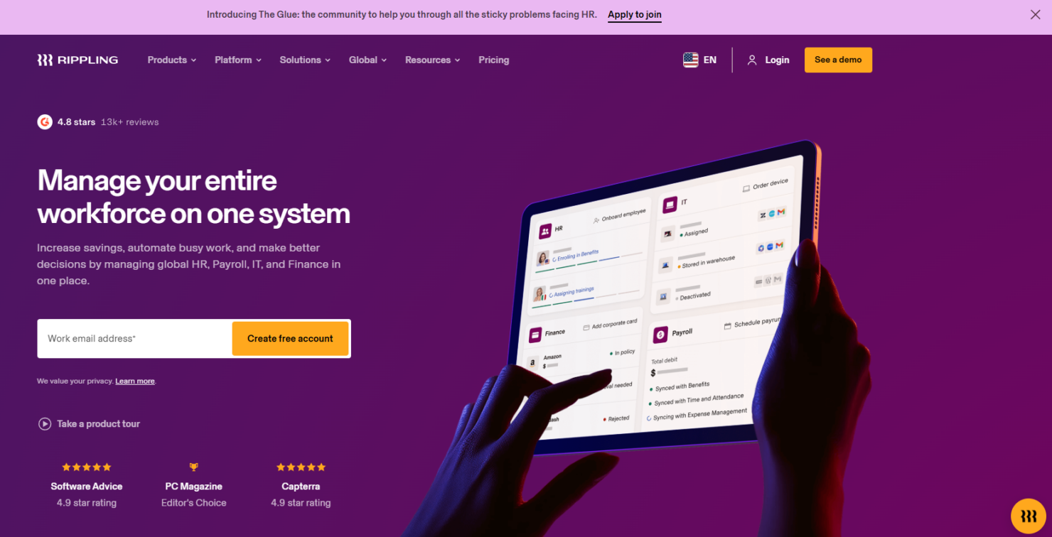 Rippling unifies HR, IT, and finance into one ERP system.
