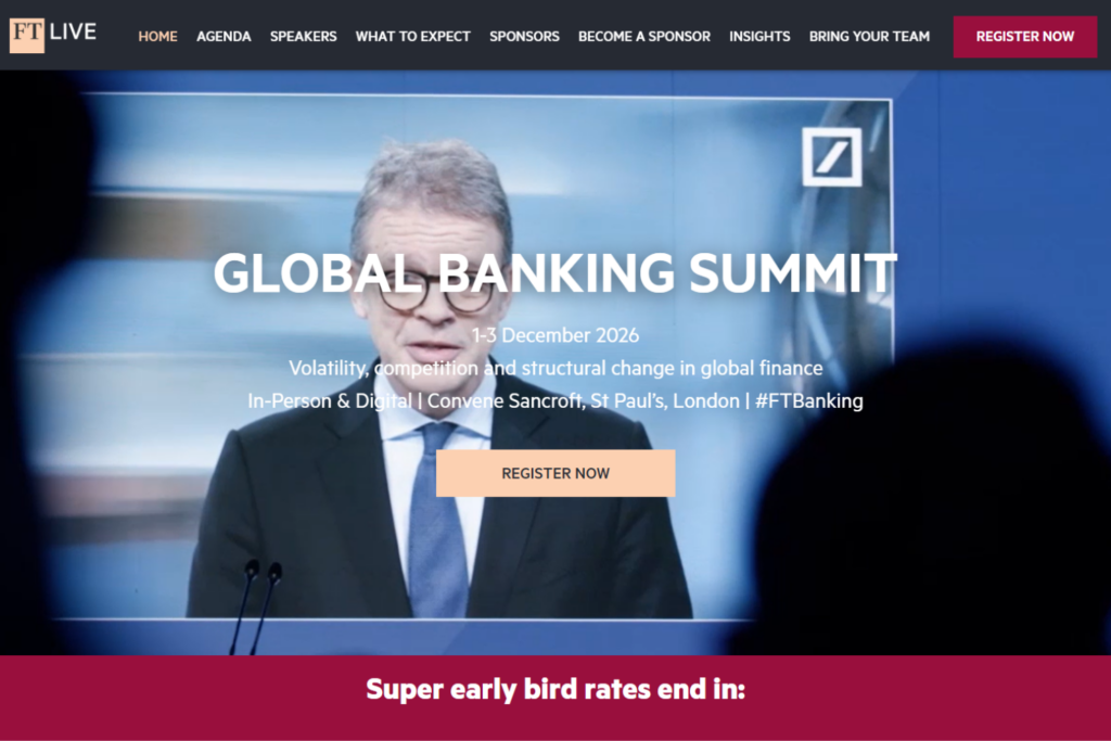 Global Banking Summit website page highlighting the speaker's presentation