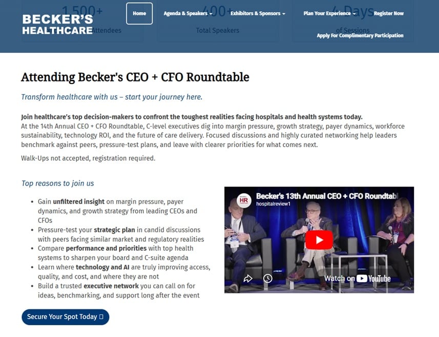 Information page for the Becker's 14th Annual CEO + CFO Roundtable 2026