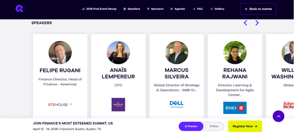 Connect CFO Leadership Summit website showing keynote interview and executive discussion panels.