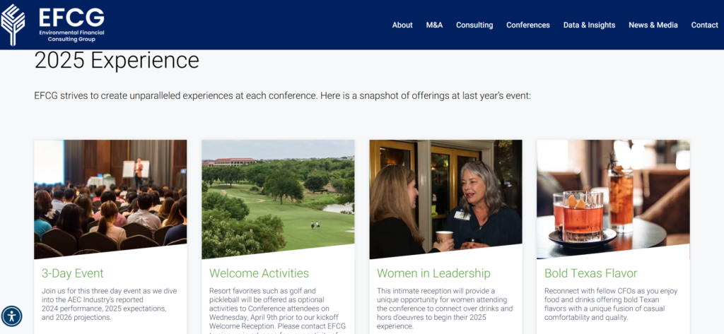 EFCG CFO Conference website showing keynote session, speaker presentation, and executive audience seating.