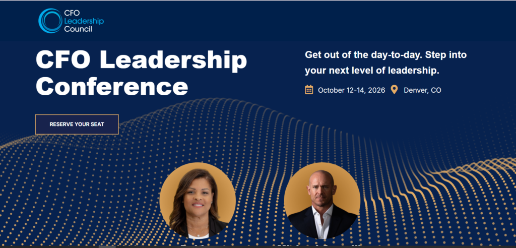Fall CFO Leadership Conference website showing speaker session and executive audience engagement.