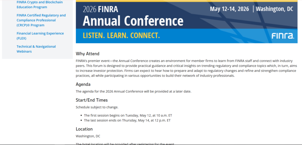 FINRA Annual Conference website showing conference sessions and regulatory-focused presentations.