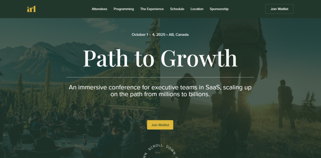 Screenshot of the IRL conference landing page