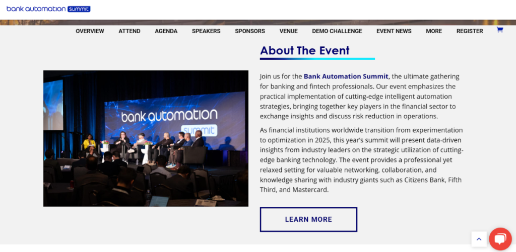 The Bank Automation Summit web page screenshot