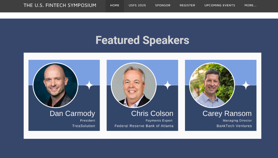 Screenshot of the Fintech Symposium conference featuring 2025 speakers