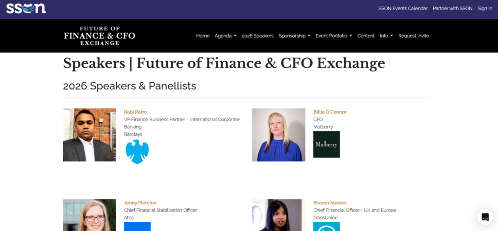 Future of Finance &amp; CFO Exchange website showing conference branding, speaker sessions, and networking visuals.