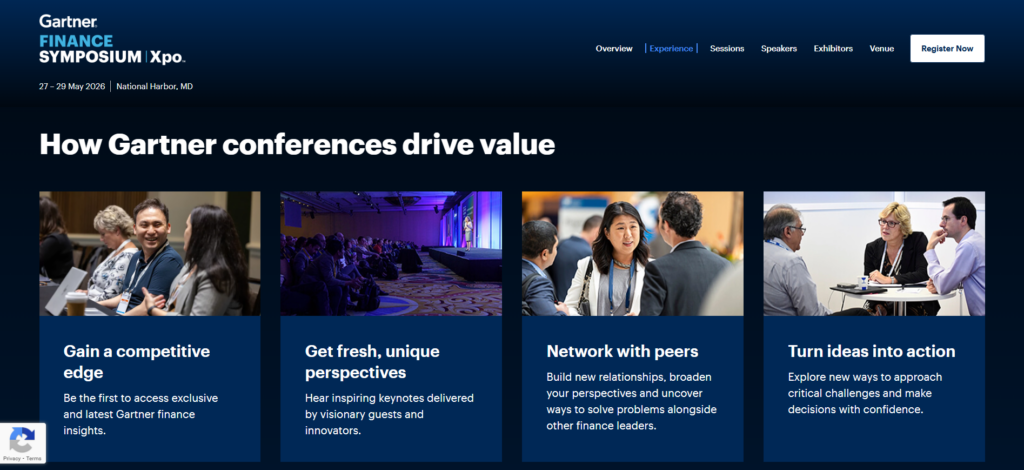 Gartner Finance Symposium/Xpo website showing conference stage, keynote sessions, and attendee engagement.