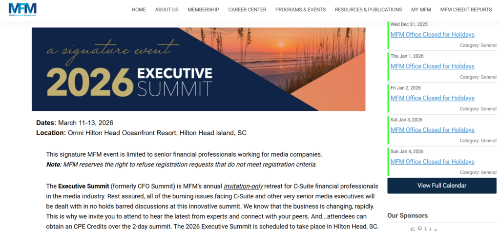 MFM Executive Summit website showing panel discussion and executive networking sessions.