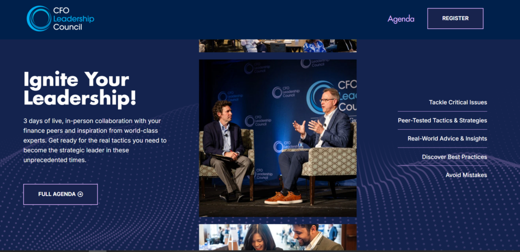 Spring CFO Leadership Conference website showing executive keynote discussion and peer collaboration sessions.