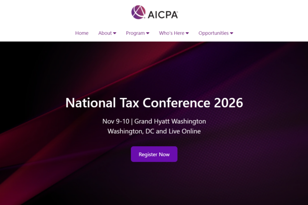 Screenshot of the AICPA & CIMA National Tax Conference landing page