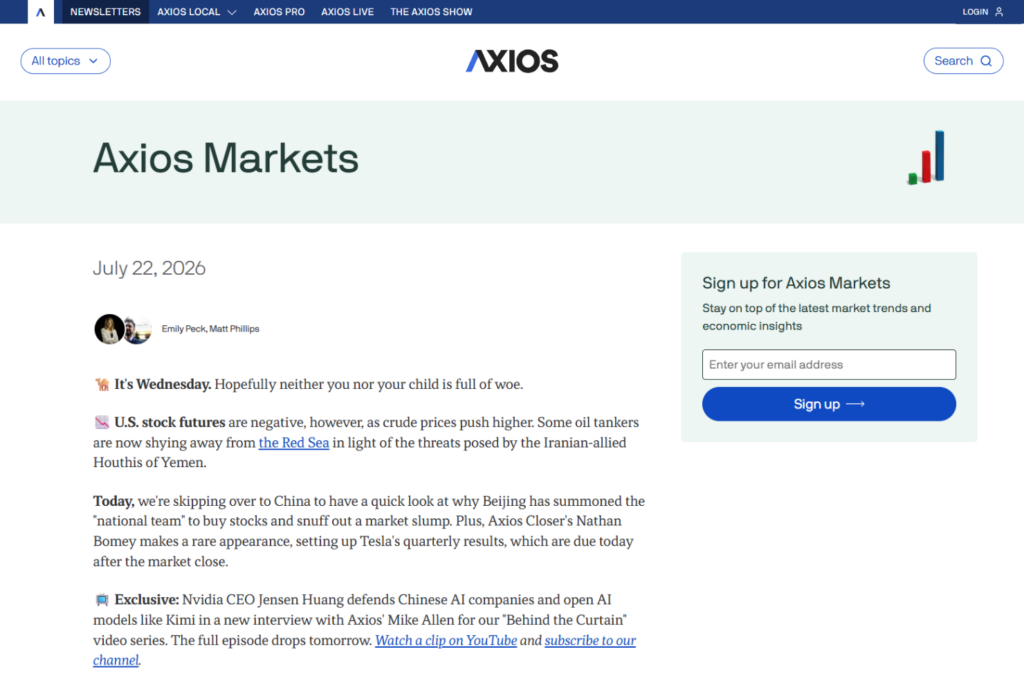 Axios Markets newsletter featuring daily market news and economic insights