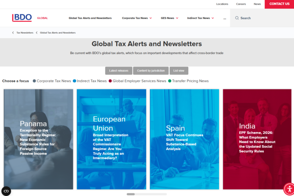 BDO Global Tax Newsletters page with international tax updates