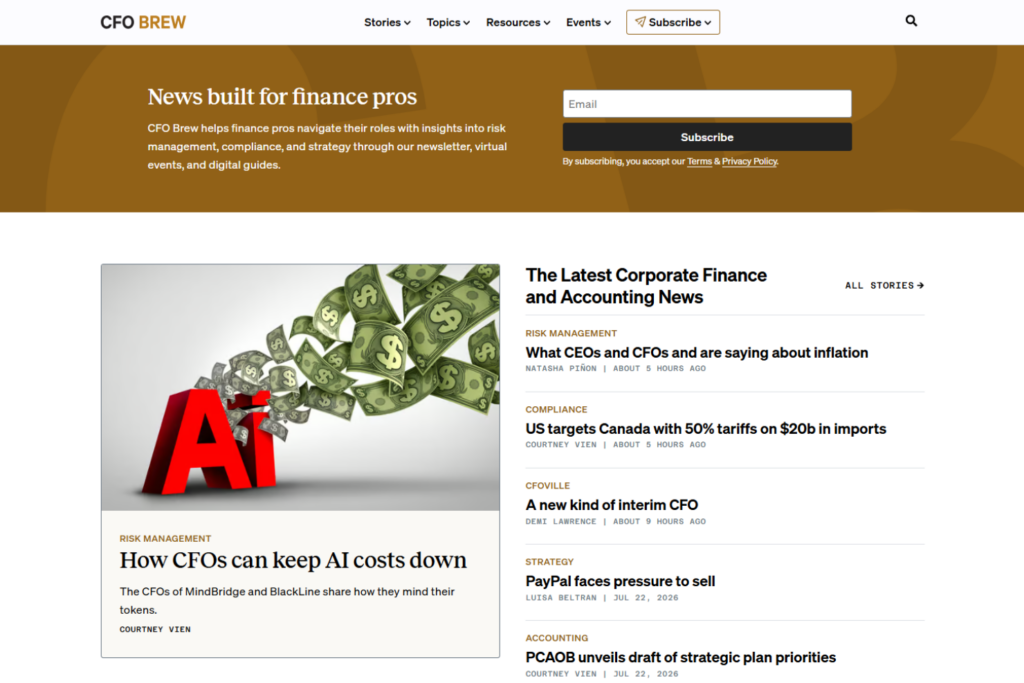 CFO Brew homepage featuring corporate finance, accounting, and risk management news