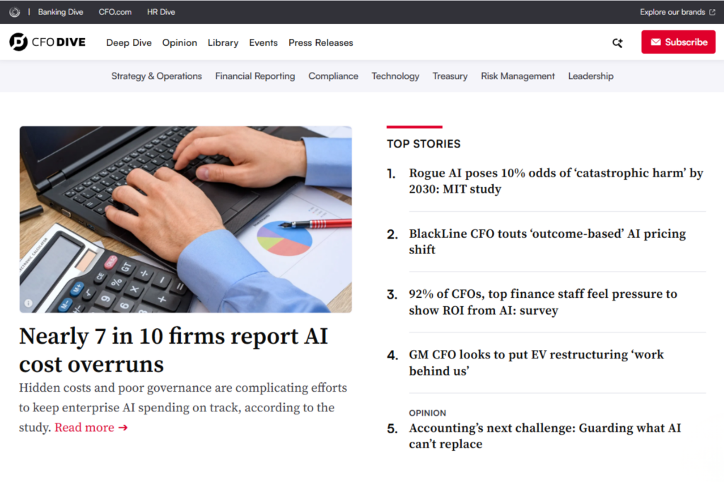CFO Dive homepage featuring finance leadership news on AI, compliance, and strategy
