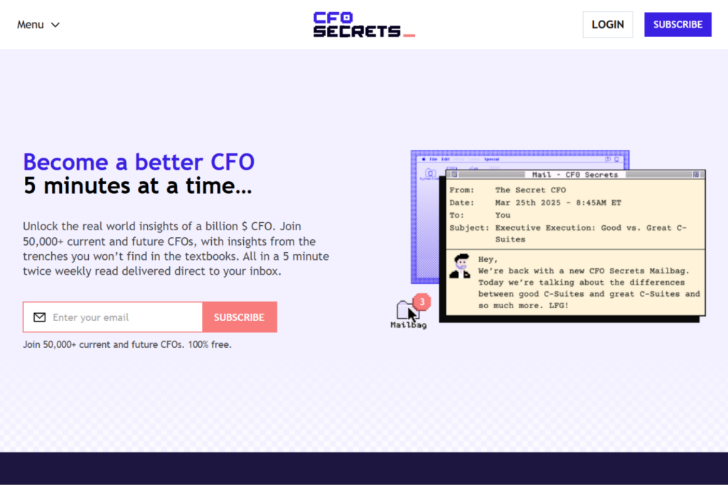 CFO Secrets homepage promoting a newsletter with practical finance leadership insights